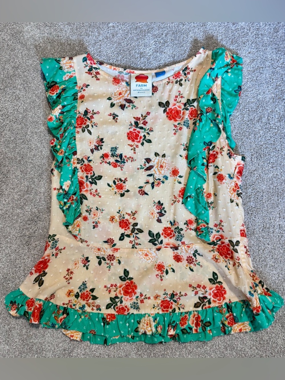 FARM Rio Cream Floral Ruffle Top with Turq Green Trim